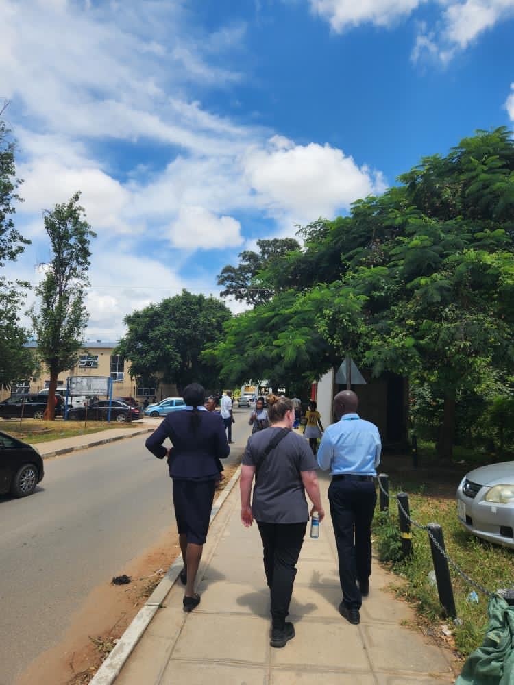 Ms. Muloda (head of nursing), Brianne Roe, RN, MSN, and George Zulu walking to the University Teaching Hospital (UTH).